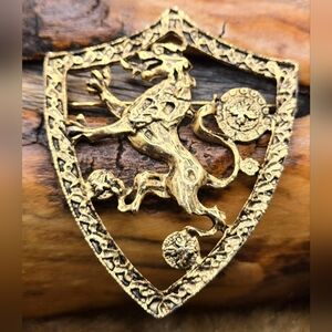 Gold Tone Brooch Shield w/ Fire Breathing Dragon Griffon? 2.5" X 2"